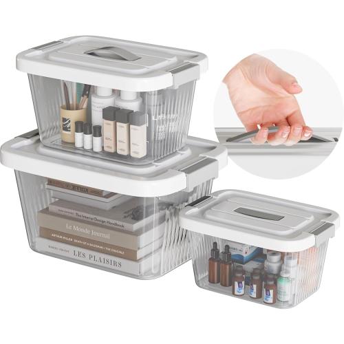 Stackable Plastic Storage Bins with Lids, 3 Pack (6, 10, 17 Quart) BPA-Free Containers, Top Handle and Safty Locks for Moving, Dorm, Garage, Closet - Clear
