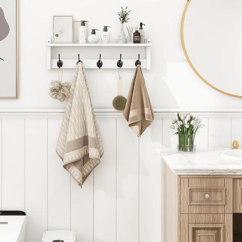 Homode Coat Rack with Wall Shelf and Hooks - 24 Inch Long, Wooden Hanging Coat Hanger with Hat Shelf for Entryway, Bathroom, Mudroom, White
