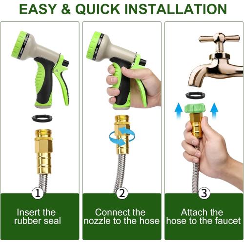 Metal Garden Hose 100FT, Stainless Steel Heavy Duty Water Hose with 10 Function Nozzle & Brass Nozzle, Sturdy and Lightweight, No Kink & Tangle, Easy to Use & Store, Suitable for Yard and Lawn