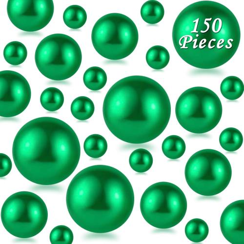 150Pcs Green Polished No Hole Faux Pearl Beads for Vase Filling Decorations, Plastic Pearls Vase Fillers, Table Scatters, Wedding Centerpiece, Home Decor, 8/14/20 mm