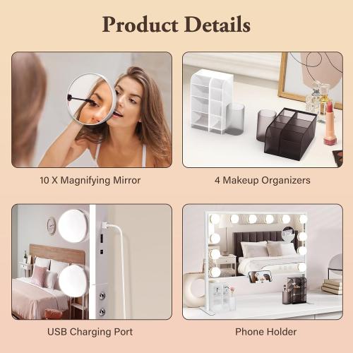 BESTOPE PRO Vanity Mirror with Lights, 23.6 x 22.4 Makeup Mirror with Lights and 3 Color Mode, Height Adjustable Hollywood Mirror with 2 Organizer, USB Charging Port, Phone Holder, Women Gifts