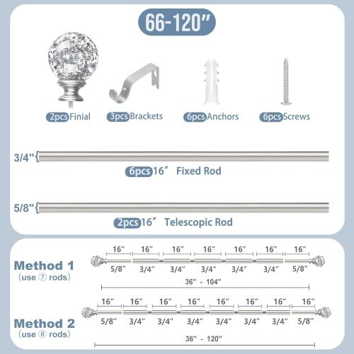 Silver Decorative Crystal Curtain Rods:66-120 Inch Heavy Duty Adjustable Window Curtains Rods for Bedroom Living Room,Nickel Modern Girly Acrylic Drapery Rods Set with Sheer Bling Foil Finials