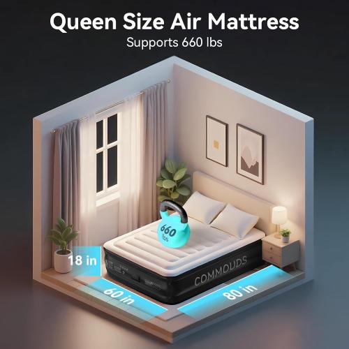 COMMOUDS Queen Air Mattress with 2000mAh Battery Powered Pump, 18 Raised Inflatable Mattress, Portable Blow up Mattress, Air Bed for Camping, Home and Guest