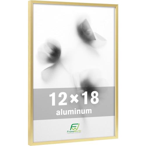 FrameWorks 12x18 Brushed Aluminum Poster Frames – Modern Brushed Metal Design w/Shatterproof Plexiglass, Perfect for Posters, Artwork, Paintings, Wall Displays – Home or Office Decor, Gold - 1 Pack