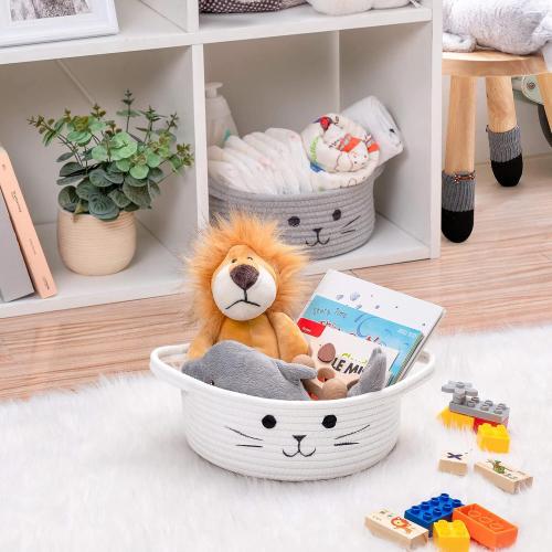 HiChen Small Woven Basket, Cute Cat Toy Basket for Living Room, Decorative Nursery Bin for Toys, Diapers, Empty Gift Baskets for Baby, White, 9.8 x 4 inches