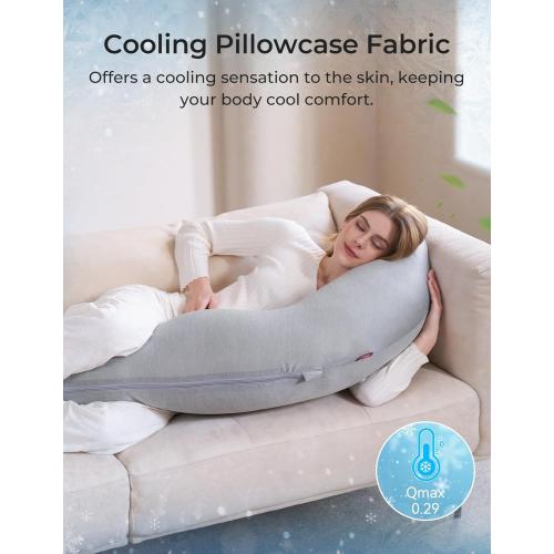 Momcozy J-Shaped Pregnancy Pillow for Sleeping with Cooling Cover, Side Sleeper Support for Belly, Hip & Leg, Deep Grey