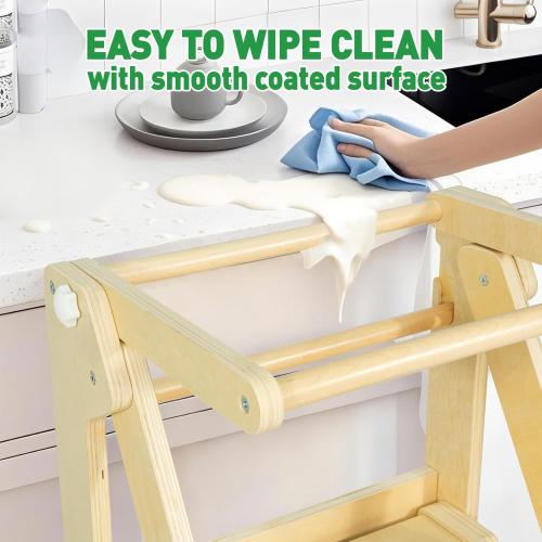 Foldable Toddler Learning Standing Tower, WOOD CITY Montessori Kitchen Step Stool Helper with 3 Adjustable Heights Learning Kitchen Tower for Counter and Bathroom Sink (Natural)