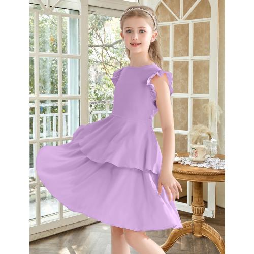 Size 150 6-14 Years Girls' Dresses Ruffle Sleeve Solid Semi Formal Tiered Swing Midi Casual Summer Dress