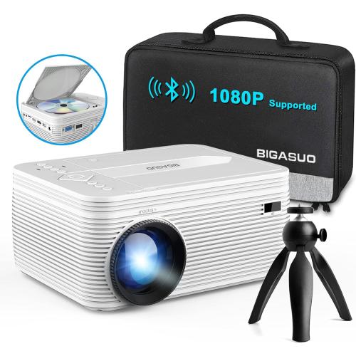BIGASUO HD 9000L Bluetooth Projector Built in DVD Player, Mini Projector 1080P and 250”Supported with Tripod/ Carry Bag, Projector Compatible w/ TV Stick, PS5, Laptop, Portable Outdoor Movie Projector