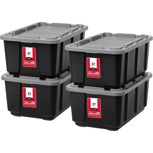 IRIS USA 3-Pack 27 Gallon Storage Bins with Lids |Made in USA| Heavy Duty Plastic Tote Containers for Truckbed Tool Box Organization, Large - Gray