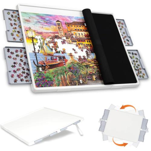 WELGEE 1500 Pieces 2-in-1 Tilting & Rotating Puzzle Board with Drawers and Cover, 35x27 Portable Spinning Plastic Jigsaw Puzzle Table for Adults, Upgraded Lazy Susan