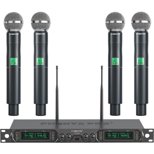 Phenyx Pro Wireless Microphone System, 4-Channel UHF Wireless Mic, Fixed Frequency Metal Cordless Mic with 4 Handheld Dynamic Microphones, 260ft Range, Mics for Singing, Church(PTU-5000-4H)
