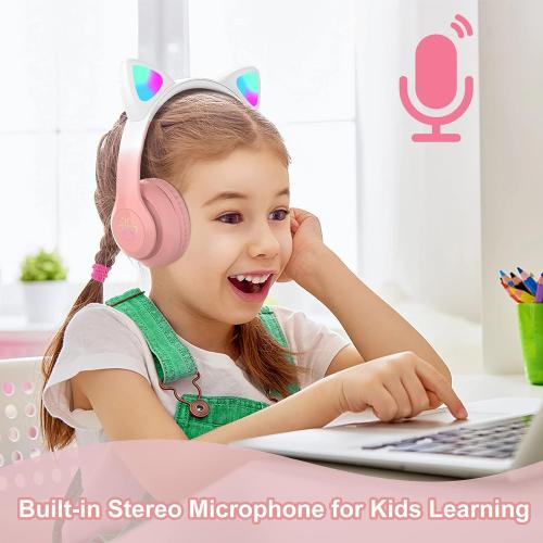 Kids Headphones for School, Kid Bluetooth Wireless Cat Ear Headphones with Microphone, Over Ear Headphones for Kids Teens Adults (Pink Pro)