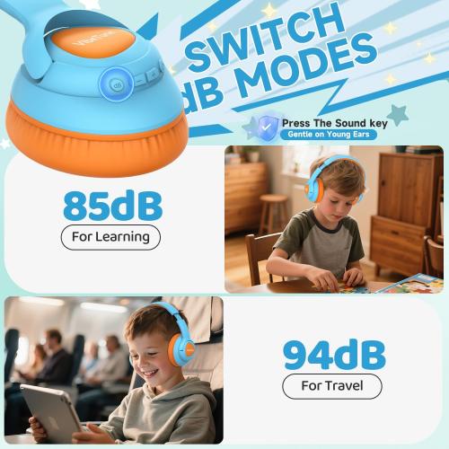 VibeTune Kids Bluetooth Headphones, 60H Playtime, Volume Limited 85/94dB, Bluetooth 5.4, Type-C Fast Charging, Foldable Wireless Headphones for Kids, Toddler Headsets with HD Mic-Blue