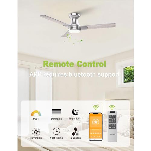 DAMINY 42 inch Ceiling Fans with Lights,3 Blades,6CCT, Low Profile Ceiling Fan with Light and Remote Control,Ceiling Fan for Bedroom, Kitchen,Indoor/Outdoor Use,Flush Mount-Nickel