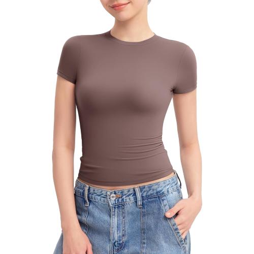 MEDIUM PUMIEY Women's Crew Neck Short Sleeve Tops Double Lined Slim Fit T Shirts Basic Tee Smoke Cloud Pro Collection