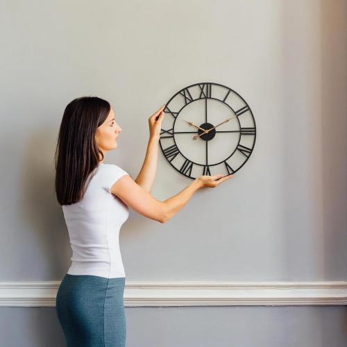 Large Outdoor Clock, Vintage & Antique European Industrial Decorative Metal Roman Outdoor Clock, Silent Battery Operated Skeleton Iron Wall Clock Garden/Patio/Pool/Fence-18 Inch, Golden Hand