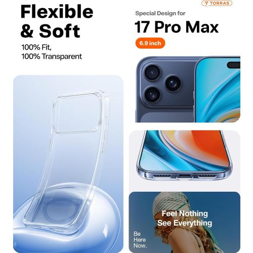 TORRAS for iPhone 17 Pro Max Case Crystal Clear, [Anti-Yellowing][Military-Grade Protection], Ultra Slim Transparent Anti-Scratch Back, Soft Bumper, Non-Slip 17 Pro Max Phone Case, Clear 6.9