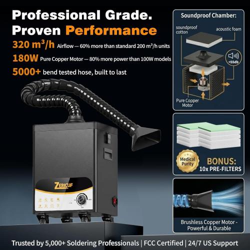Solder Fume Extractor – 180W 320m³/h, Thickened Pre-Filters, Soundproof Low-Noise Chamber, Exclusive Downward Exhaust, H13 HEPA & High-Iodine Carbon, Smoke Absorber for Soldering, Laser, 3D Printer