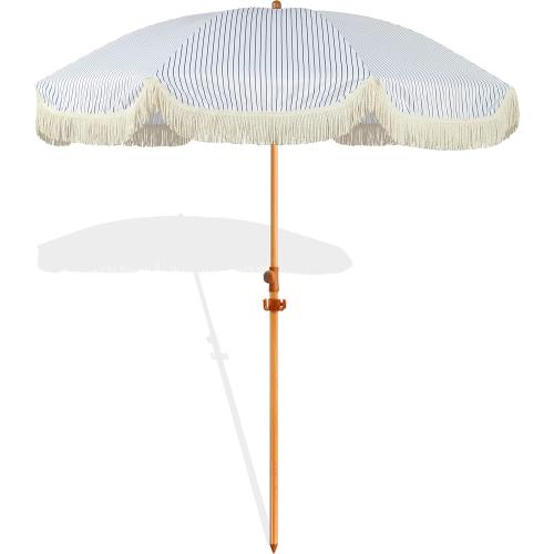 6.5ft Patio Umbrella with Fringe, Beach Umbrella, Fringe Umbrella Outdoor Patio with Hanging Hook, Tilting Aluminum Pole, UV 50 , Fiberglass Ribs, Blue White Stripe