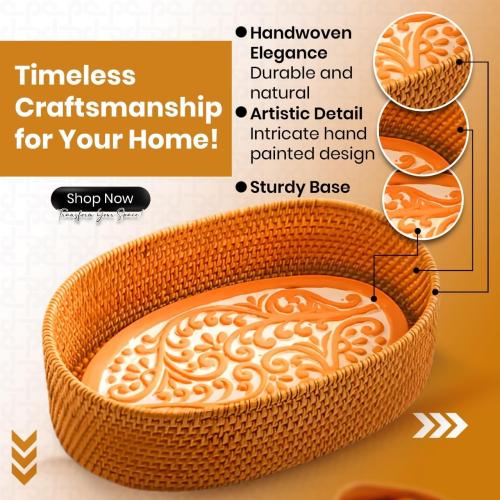 Basket with Terracotta Stone - Handcrafted Oval Bread Basket for Serving Rolls, Tortillas,and Muffins - Eco-Friendly, Perfect for Dining, Gifting, and Farmhouse Decor