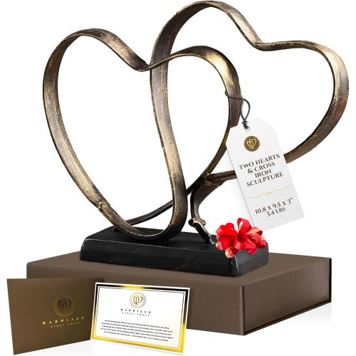 Wedding Anniversary Couples Gift - Two Hearts and Cross Iron Sculpture, Heart Decoration Gift for Her and Him, 1st to 50th or 60th Anniversary, Includes Present Box and Poem Card