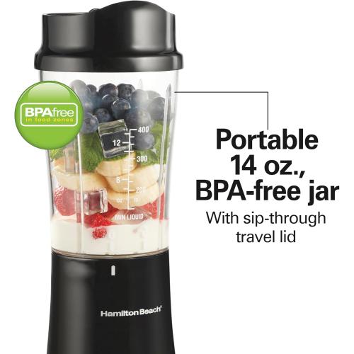 Hamilton Beach Portable for Shakes and Smoothies, 14 Oz BPA Free Travel Cup & Lid, Durable Stainless Steel Blades, Personal Smoothie, Black (51101AG)