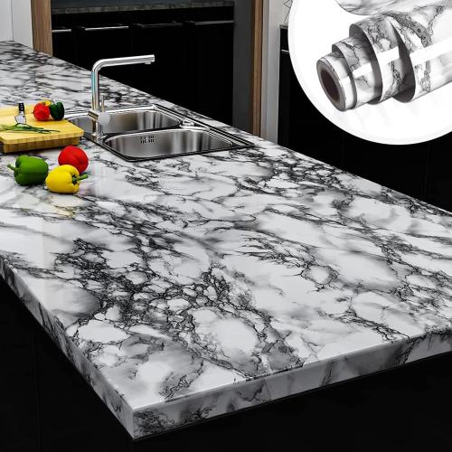 Yenhome Peel and Stick Countertops Waterproof Covers  Self Adhesive Marble Wallpaper Peel and Stick for Bathroom Kitchen Countertop Contact Paper Glossy Grey Marble Contact Paper for Cabinet