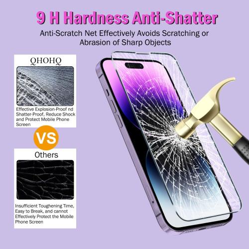 QHOHQ 3 Pack Screen Protector for iPhone 14 Pro Max 6.7 Inch with 3 Pack Tempered Glass Camera Lens Protector, Ultra HD, 9H Hardness, Scratch Resistant, Case Friendly