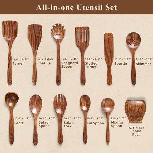 Wooden Spoons for Cooking, **12 Pcs *Teak Wood Kitchen Utensils Set with Spoon Rest - Nonstick Heat Resistant Wooden Cooking Utensils, Natural Healthy Spatula Set for Pots and Pans