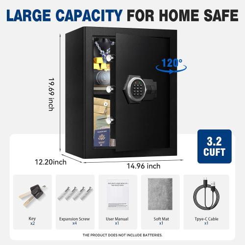 3.2 Cu Ft Large Home Safe Box with Type-C Port | Steel Security Box with Digital Electronic Keypad, Removable Shelf, Safety Lock Box for Office Documents Money Jewelry Gun