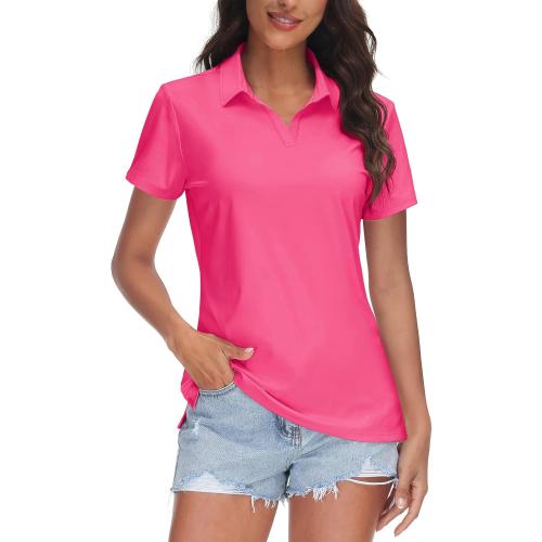 Zhenwei, Pink, Medium, Women's V-Neck Polo Shirts UPF 50  Short Sleeve Sun Protection Quick Dry Golf Polos Collared Shirt