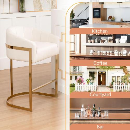 Set of 2 Size 27 Color beige and gold Counter Height Bar Stools Set of 2, Modern 27 H Barrel Counter Stools with Shell Back, Gold Velvet Bar Stools for Kitchen Island, Comfortable Velvet Upholstered Bar Stools with Backrest, Beige