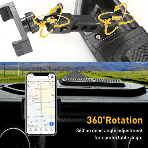 Dash Phone Mount Holder Compatible with 2018 2019 2020 2021 2022 2023 Jeep Wrangler JL 2/4 Door Gladiator JT, Center Console Storage Box Dashboard Tray, 360° Rotate Anti-Shake Jeep Accessories
