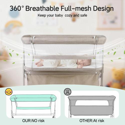 Cowiewie Bassinet Bedside Sleeper,Baby Bassinet Slides Over Bed,5-Position Height Adjustment & Breathable All-Mesh Wall Bedside Bassinet for Baby,Space-Saving Bedside Crib, Height(37.4-41.3) (Beige)