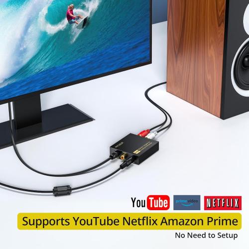 PROZOR 192Khz Digital to Analog Audio Converter Support 5.1CH Optical to RCA Converter with Magnetic Ring Power Cord Digital Toslink SPDIF to Analog L/R RCA 3.5mm Adapter for HDTV Blu-Ray DVD PS3 PS4