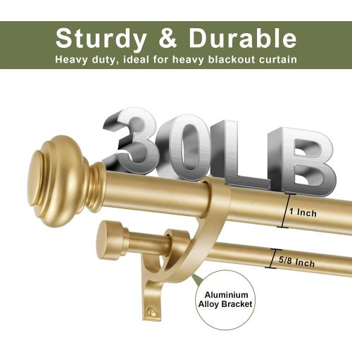 Double Curtain Rods 72 to 144 Inches with Solid Aluminum Alloy Brackets, 1 Inch Adjustable Drapery Rod, Heavy Duty Dual Curtains Rod for Window, Sliding Door, Bedroom Decoration, Warm Gold