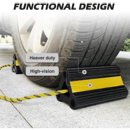 Wheel Chocks for RV Trailer Travel Camper Truck Car, Sturdy Heavy Duty Simple Easy to Use, Rubber Tires Block Stopper Chock with Rope and Yellow Reflective Tape Trailer RV Accessary(2set4pack)