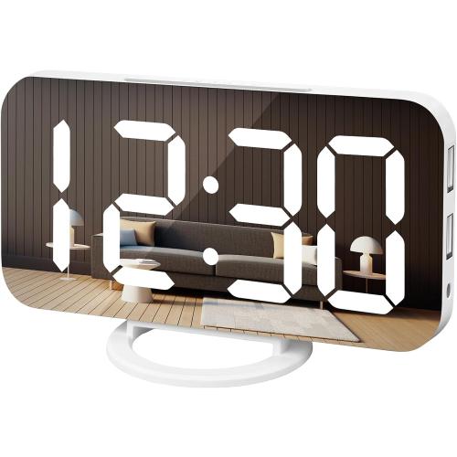 Digital Alarm Clock, Mirror LED Desk Clock with Large Display, White