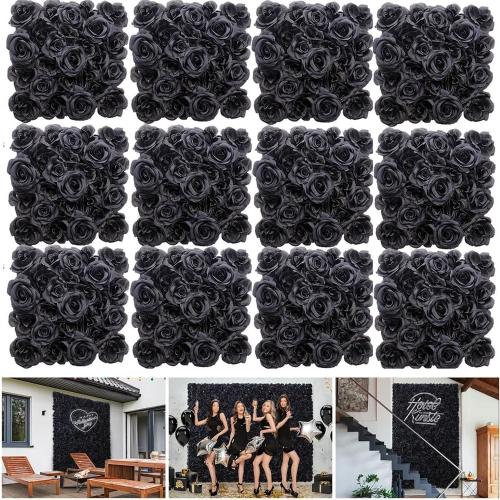 Black Silk Rose Flower Panels Wall, 12 Pcs Artificial Flowers Decoration for Welcome Table, Party, Anniversary, Church Wall, Stage Background, 25x25cm