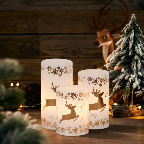 Golden Reindeer Christmas Candles with 6H Timer, Real Wax LED Candles Flameless Flickering, Battery Operated Candle Pillar for Home Décor Christmas Decorations Gifts, 3x4/5/6 inches