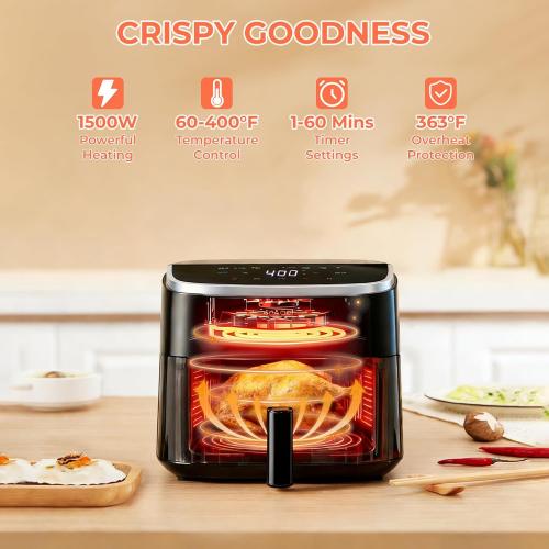 NEWBULIG Air Fryer，4QT Small AirFryer with Easy View Window and Interior Light, Digital Touchscreen with 8 Presets for Custom Cooking, Nonstick and Dishwasher Safe Basket, Black