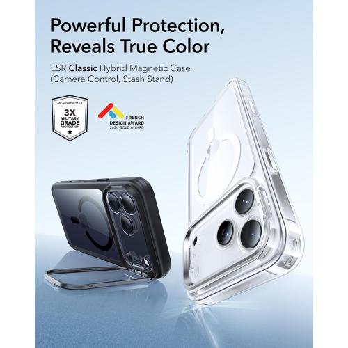 ESR for iPhone 17 Pro Max Case with Stash Stand, Camera Control Cover Compatible with MagSafe, Military-Grade Drop Protection Magnetic Phone Case, Scratch-Resistant Back Cover,Clear Black
