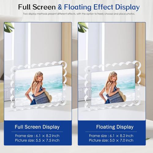 2Pack Acrylic Magnetic Photo Frame 5x7 Inch - Sleek Scalloped Design, 10 10mm Thick Crystal Clear Block, Freestanding Double-Sided Magnet |Trendy Home Gift (2 Pack, 5X7)