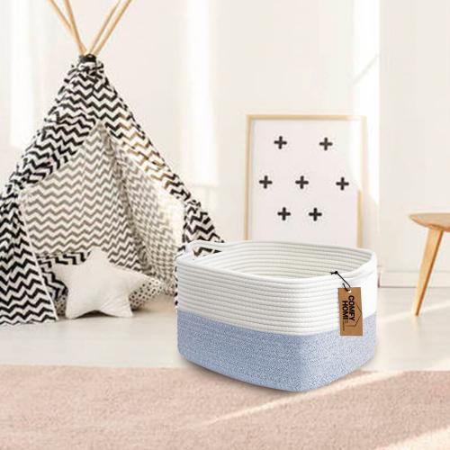 COMFY-HOMI Cotton Rope Woven Basket with Handles for shelf，Toy, Book, Cloth Storage Basket for Organizing-13.5X11X9.5 Storage Bin for Living Room, Newborn or Infant Gift for boy girl （White/blue）