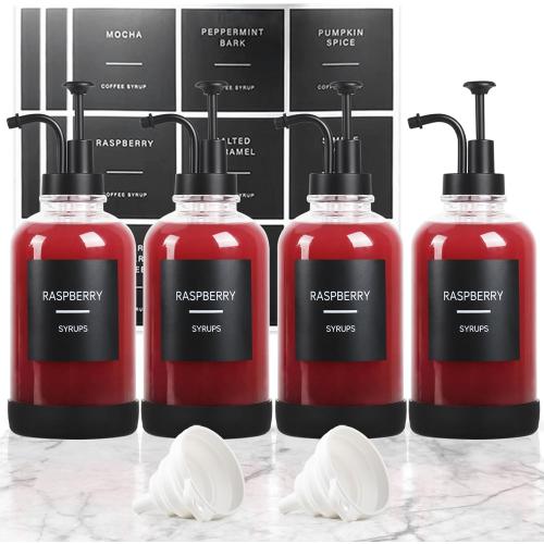 Set of 4 Coffee Syrup Dispenser for Coffee Bar, Set of 4 Non-Slip Glass Syrup Dispenser w. Labels and Silicone Sheath, 16.9 oz 500ml Syrup Pump Dispenser, Coffee Bar Accessories Simple Syrup Bottle w. Pump