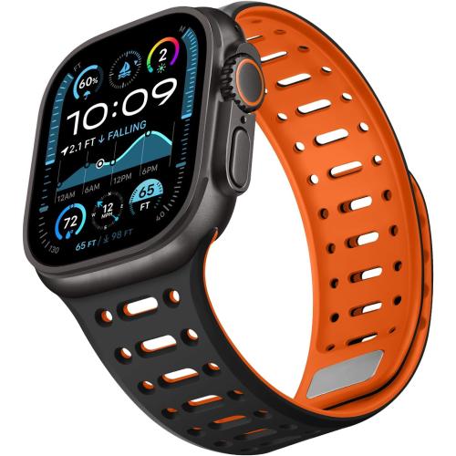 Compatible with Apple Watch Band 49mm 46mm 45mm 44mm 42mm 41mm 40mm 38mm, Magnetic Silicone Sport Breathable Strap for iWatch Ultra 3/2/1 SE3 Series 11 10 9 8 7-1 (49/46/45/44/42, Black/Orange)