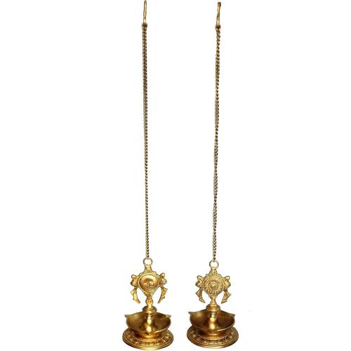 StonKraft - Pair of Brass Hanging Diya, Oil Lamp, Lamp for Home and Office (Hanging Length 25.75)