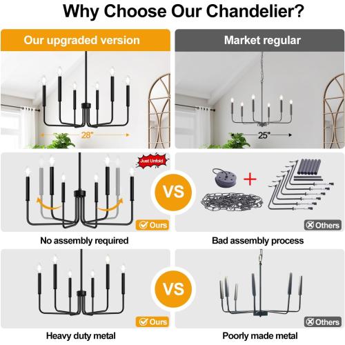 Black Chandelier, 6-Light Farmhouse Chandelier for Dining Room Lighting Fixtures Hanging, Dining Light Fixtures Industrial Modern Chandelier for Bedroom, Foyer, Hall, Kitchen, Living Room and Entryway