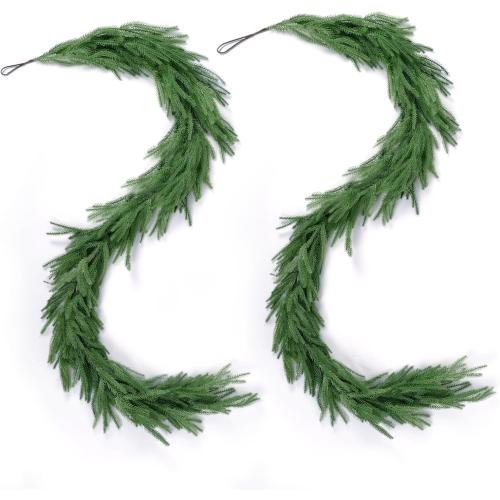 2 Pack Christmas Norfolk Pine Garlands 9FT, Real Touch Artificial Greenery Garland – Full Evergreen Pine Garland for Mantle, Fireplace, Table, Wall, Stairs & Outdoor Holiday Décor